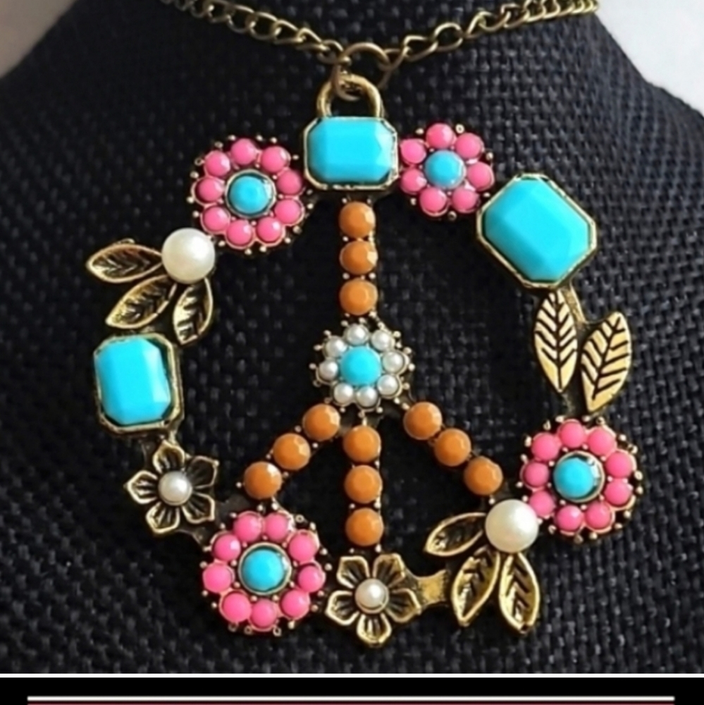 Turquoise Multi Gem  Peace Sign Pendant - Picture 6 of 6